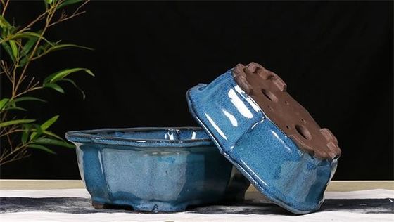 Bonsai Mengkilap 30x23x10cm Pot Tanaman Dalam Ruangan Keramik Biru